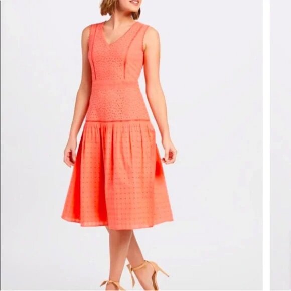 Draper James Dress 14-Pink Coral Midi Eyelet Fit & Flare Cotton Cottagecore Boho - Picture 1 of 8